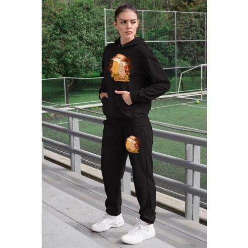 Angemiel Wear Holidaymaker Man Women Tracksuit Set Black Hooded Sweatshirt Black Sweatpants