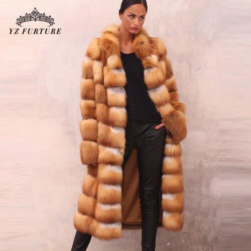 2019New Style Women Real Red Fox Fur Coat Full Pelt Stand Collar Long Coat Women Fur Natural Jacket Winter Fashion Luxury FC-077