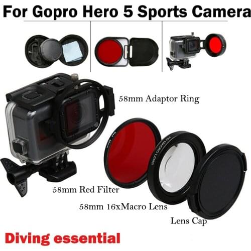 58mm Go pro HERO 5 HERO5 16x Macro Lens + UV Red Filter +Lens Cap for GoPro hero5 Go pro Hero 5 Black sports camera Accessories