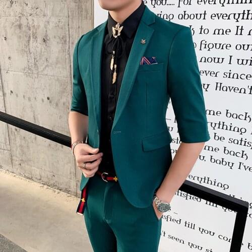 Blazer+Pants) Mens high-quality spring summer solid color slim-fitting suit male 2 Piece mid-sleeve best man tuxedo show dress
