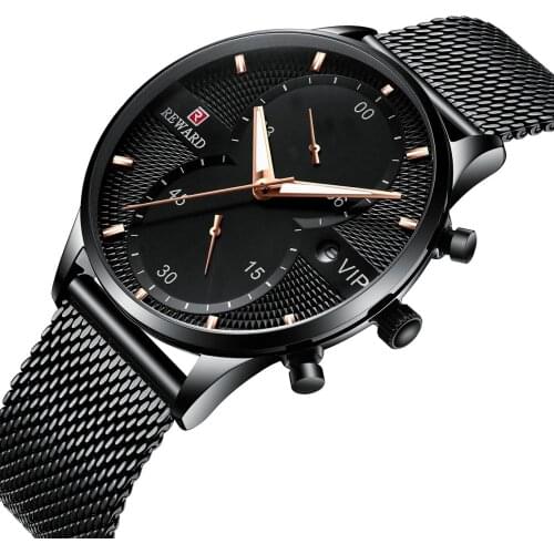 REWARD Brand Men Watch Luxury Sport 30M Waterproof Watches Mens Stainless Steel Mesh Watch Auto Date Chronograph Wristwatches