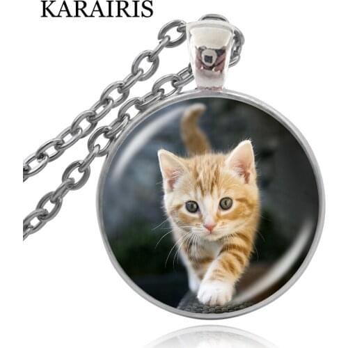 KARAIRIS Cute Glass Cabochon Cat Necklace Classic Bronze Long Chain Necklace&Pendants Fashion Jewelry For Women Accessories