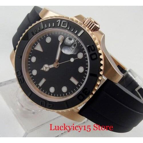 BLIGER Rose Gold Coated Japan NH35 24 Jewels Automatic Male Wristwatch Brushed Bezel Insert Rubber Strap