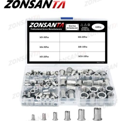 ZONSANTA120pcs set Mixed 304 stainless steel Rivet Nut M3 M4 M5 M6 M8 M10 Nut Carbon Steel Flat Head Threaded Insert Nut Kit