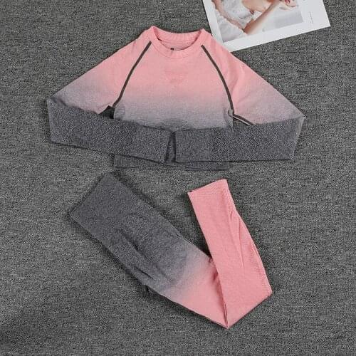 Ombre Tracksuit 2PCS Woman Seamless Sports Suit Gym Leggings Fitness Long Sleeve Crop Top Shirts Athletic Yoga Set Clothing