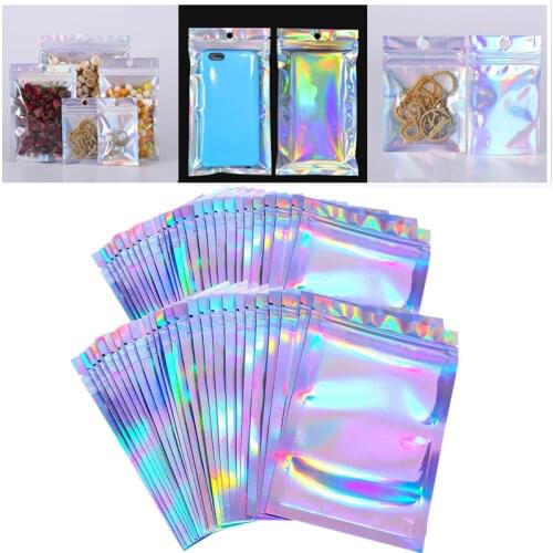 50pcs Translucent Zip Lock Bag Self-sealing Necklace Storage Candy Pouch Makeup Bags Jewelry Packaging Hologram Zipper Bags