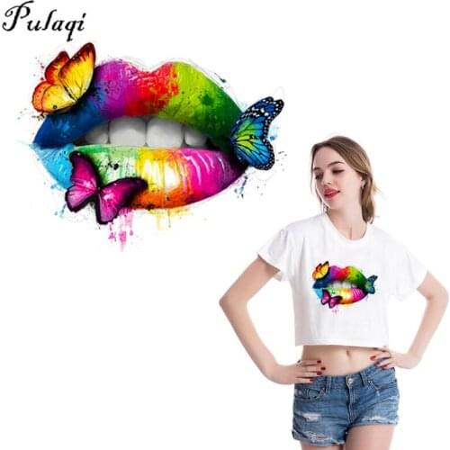 Pulaqi DIY Sexy Lips Patch Fashion Girl Stickers Ironing Heat Transfer Vinyl Thermal Iron On Transfers For Clothes Women T-shirt