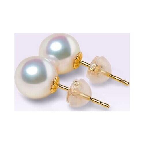 Free Shipping AAA 10-11mm Akoya white pearl earrings yellow 9K gold stud