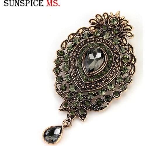Sunspicems Vintage Turkish Crown Brooch Pins for Women Antique Gold Color Water Drop Resin Jewelry Ethnic Wedding Bridal Gift