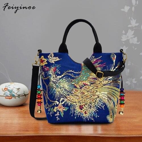 Women Shoulder Bag Handmade Embroidery Peacock Bohemia Ethnic Style Retro Handbag Large Capacity Tote Messenger Bag for Girl