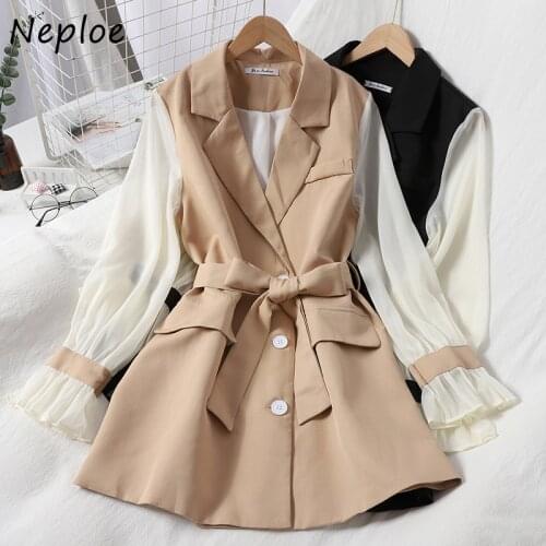 Neploe Women Dress Autumn 2021 Fashion Patchwork Chiffon Long Sleeve Sashes Temperament Notched Collar Korean Gentleness Dresses