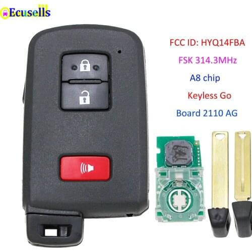 3 Button Keyless Go Smart Remote Key FSK 314.3MHz A8 Chip for Toyota Highlander 2017 2018 2019 FCC ID HYQ14FBA 2110 AG TOY12