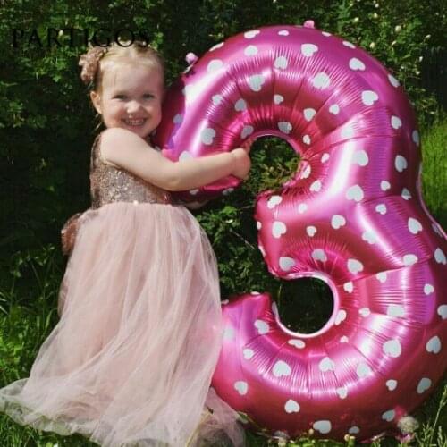 Large 32 inch Pink/Blue Heart Dot Digital Foil Balloons 1th Birthday Party Supplier air Balls Baloes giant Number 1 globos