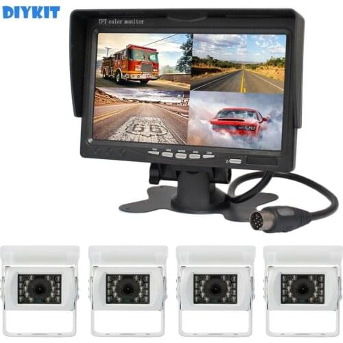 DIYKIT Wired 7inch 4 Split QUAD Backup Monitor Car Monitor + IR Night Vision CCD Rear View LED Camera for Truck Bus