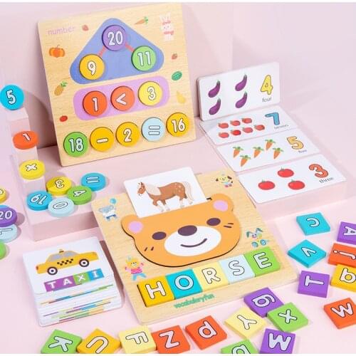 Preschool Wooden Digital Cognitive Arithmetic Clock Teaching Aids Early Childhood Education Letters Spelling Words 2-in-1 Board