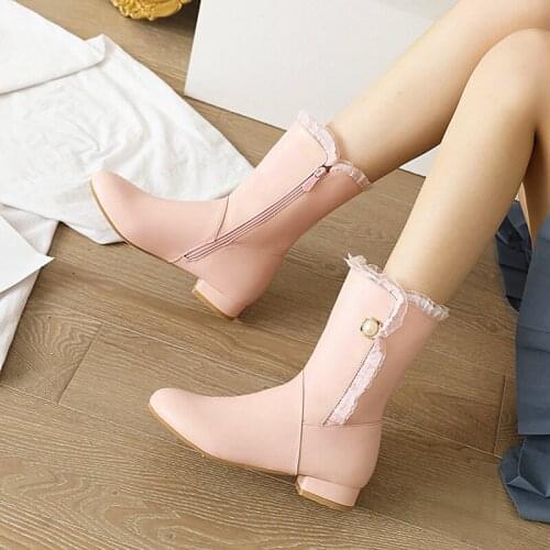 Cute Student Shoes With Lotus Leaf Lace Pearl Round Toe Low Heel Short Plush Lining Oversized Mid-Calf Boots Sweet Short Boots
