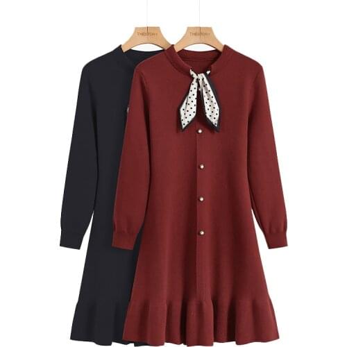 PERHAPS U Winter Autumn Long Sleeve Red Black Short Mini Dress Knitted Button Bow Elegant Chic D2124