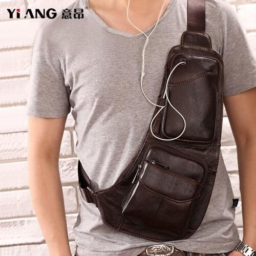 YIANG Mens Crossbody Bags Real Leather Chest Bags Cowhide Shoulder Messenger Bags Retro Male Zipper Pocket Short Travel Bag