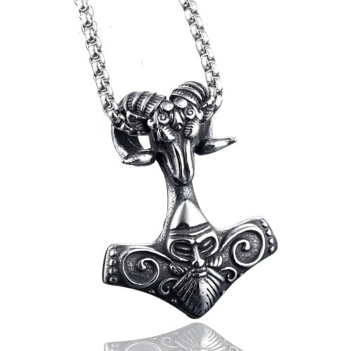 Mens Viking Goat Warrior Thors Hammer Mjolnir Stainless Steel Pendant Necklace Chain
