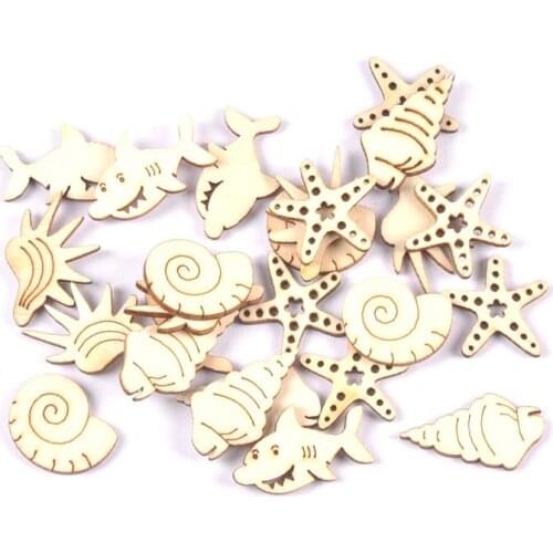 50pcs Random Mix Seashell/Starfish Pattern Wood Craft Supplies For Scrapbooking DIY Wooden Embellishment Handmade Ornament m1806