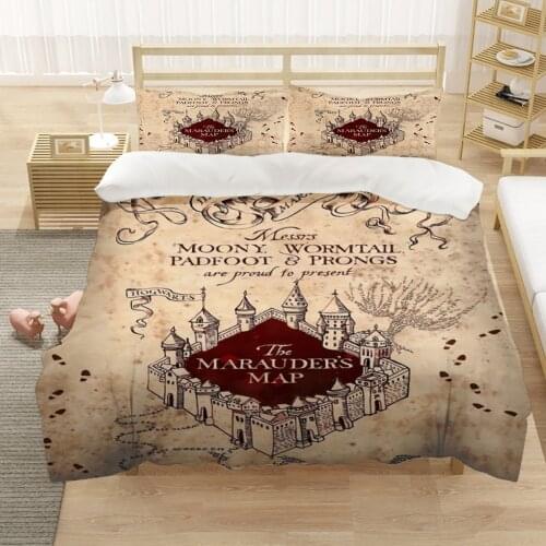 Marauders Map Four Magic College 3PCS Duvet Cover Sets Cartoon Bedding Set Sheet Children Room Bed Sheet Pillow Case