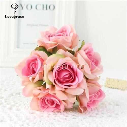 Lovegrace Small Bouquet 6 Heads Rose Bunch Artificial Flower Wedding Girl Fake Rose Silk Flower Home Table Party Mariage Decor