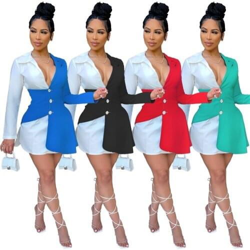 Sexy Patchwork Shirt Dress Women Long Sleeve V Neck Short Dresses Turn Down Collar Button Up Thin Dress 2021 Autumn Streetwear