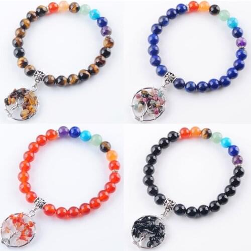 Tree Of Life Pendant Stretch Bracelet Round 8mm Beads Stone Rose Quartzs Lapis Labradoirte Amethysts Bangle Jewelry Gift TBK330