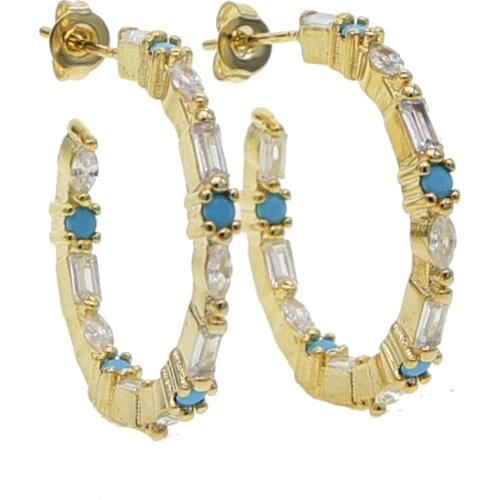 Luxury Women 27mm hoop Jewelry blue turquoises stone with white cubic zirconia trendy classic hoop earring