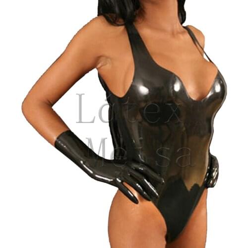 Sexy black latex leotard bondage womens latex swimsuit no zip and gloves and made of 0.4mm thickness natural latex