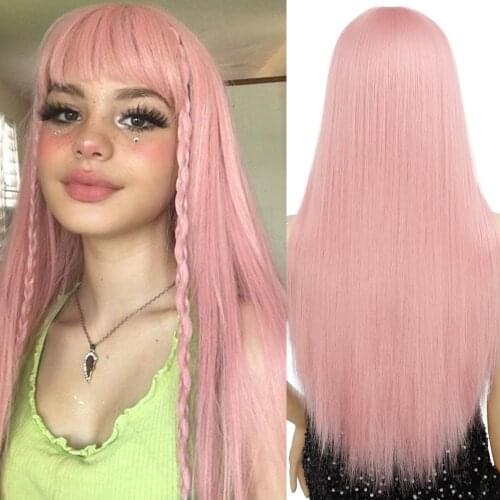 MERISIHAIR Long Straight Pink Wig With Bangs Synthetic Drag Queen Hair Wigs For Women Black Blue Cosplay Wigs Heat Resistant