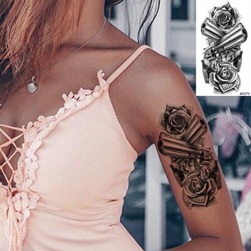 VANKIRS 3D Flower Gun Temporary Tattoos Women Sticker Body Arm Stone Rose Girls Fake Black Tatto Sketch Firearms Tattoo Paste