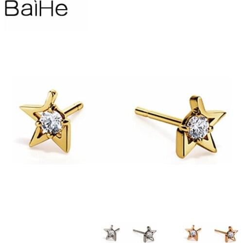 BAIHE Genuine Solid 14K Yellow Gold Natural Diamonds Engagement Trendy Fine Jewelry Star Stud Earrings Women Cерьги Cережки