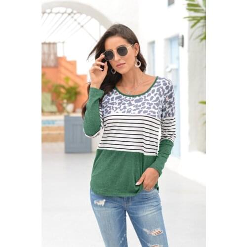 2020 New woman tshirts stripe splicing o-neck t-shirt long sleeve fashion cotton print autumn female tops