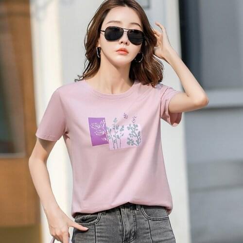 Summer T-shirt Women 2021 Korean Floral Print O-neck Short Sleeve Tops Tee Shirts Femme Cotton Casual Pink Top