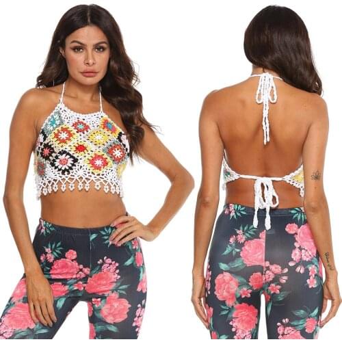 Women Summer Sexy Handmade Crochet Floral Patchwork Halter Bikini Swimwear Cover Ups Beachwear Tassel Boho Beach Knitted Tankini