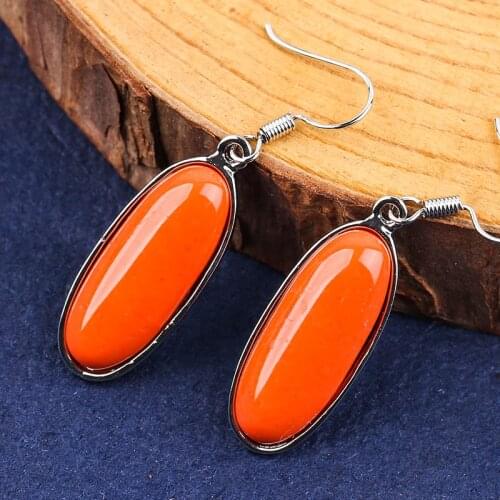 Vintage Bohemian Ethnic Orange Oval Stone Drop Earrings for Women Silver Color Long Ear Hook Earrings Party Jewelry Gifts
