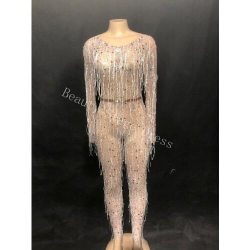 Sparkly Crystals Silver Tassels Jumpsuit Sexy Nightclub Female DJ Singer Costume Prom Party Catwalk Performance Stage Bodysuit