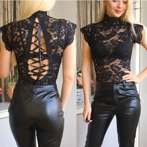 Women Erotic Sex Turtleneck See-Through Lace Floral Sleeveless Bow Bandage Skinny Bodysuit Elegnat Sexy Lingerie Body Suit