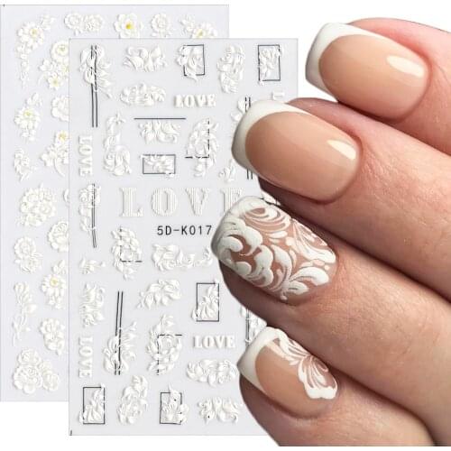 1pc White 5D Acrylic Engraved Flower Nail Sticker Embossed Lace Butterfly Decals Sliders Japanese Nail Art Decoration Tip GL5D-K