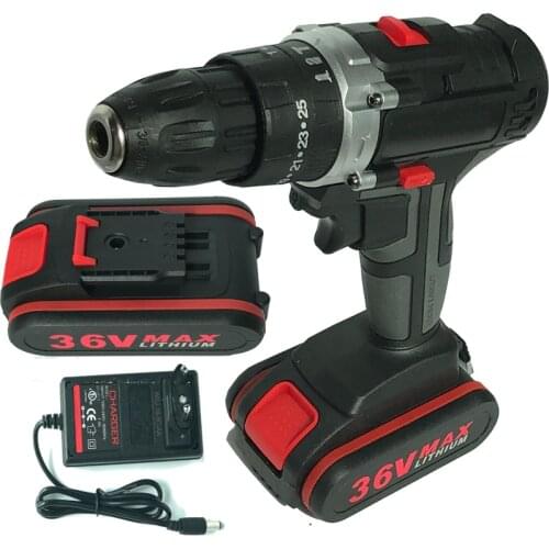 36V Max DC Impact Drill Electric Screwdriver DIY Cordless Drill Impact Lithium-Ion Battery LED Mini Power Driver