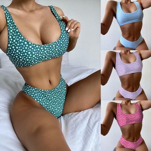 High Waist Bikinis 2021 New Floral Print Swimsuits Bandeau Swimwear Women Splicing Biquini Beachwear Sports Vest Bathing Suits