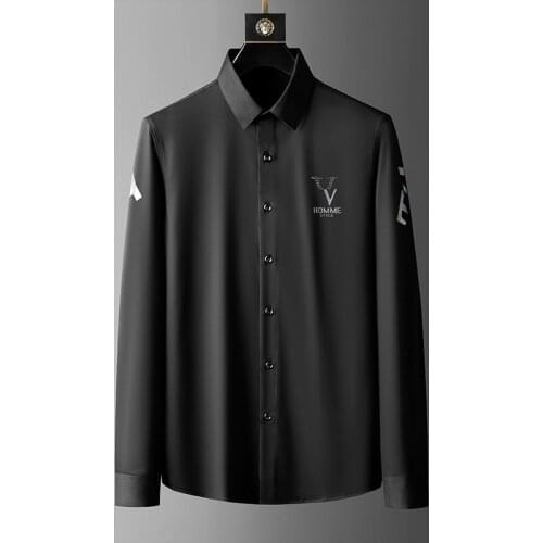 Brand Luxury Letters Rhinestone Mens Shirt Long Sleeve Casual Slim Shirt Social Business Dress Shirts Streetwear Men Clothing