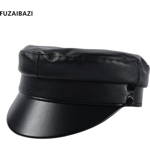 FUZAIBAZI Quality PU Leather Military Hat For Womens Autumn Trend Personality Fashion Flat Caps New Ladies Brands Snapback Cap