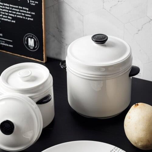 Ceramic Stew Pot Korean Double Ear with Cover White Round Soup Bowl Cooking Utensils Household Kitchen Supplies Tableware