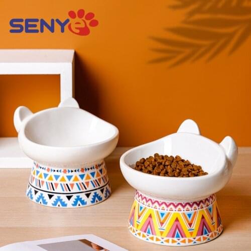 Ceramic Protection Of The Cervical Spine Anti-overturning High-foot Oblique Mouth Pet Double Bowl Cat Food Bowl