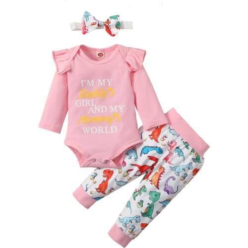 3Pcs Baby Girls Outfit, Letter Printing Long Sleeve Round Collar Romper + Cartoon Dinosaur Long Trousers + Headwear Set