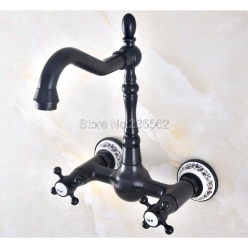 Oil Rubbed Brass 360 Swivel Spout Kitchen Faucet Wall Mount Sink and Basin Mixer Tap Dual Handle Cold Hot Water Faucets Lnf472