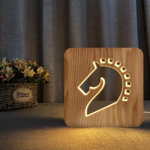 Horse Elepahnt Unicorn Deer 3D LED Wooden Night Light Hollow Table Lamp USB Power Desk Lights For Baby Kids New Year Gift