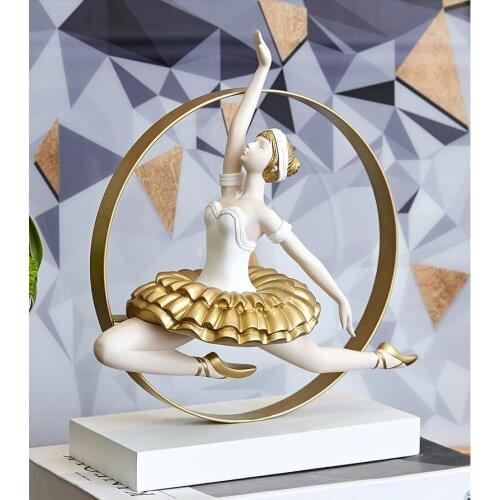 Nordic Metal Ring Resin Dancing Girl Wood Base Accessories Home Livingroom Figurines Decoration Office Desktop Sculpture Crafts